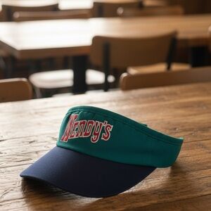 Vintage Wendy’s Uniform Sun Visor Hat Crest Two Tone Teal Navy Blue HTF Retro